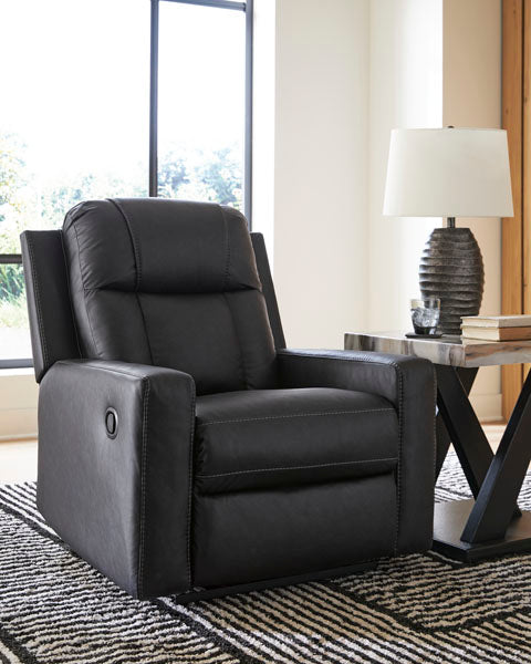 Mackmenville Carbon Recliner 7471329 in dark gray faux leather with contrast stitching.