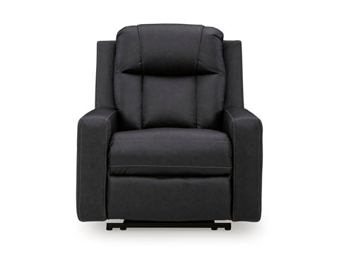 Dark gray faux leather Mackmenville Carbon Recliner 7471329 with straight arms, visible stitching, and a reclining chair design.