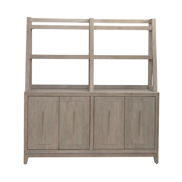 Liberty Furniture Brentwood Sideboard 789-SB6836-SH6838 in light wood, featuring four cabinet doors and two open shelves above.