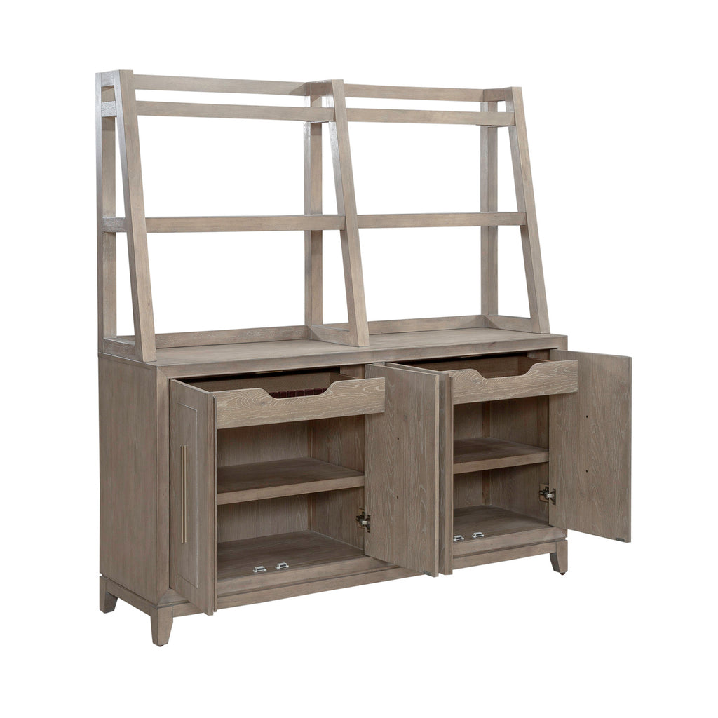 Light wood Brentwood Sideboard 789-SB6836-SH6838 with an open hutch top, featuring two cabinet doors and two drawers that are partially open.