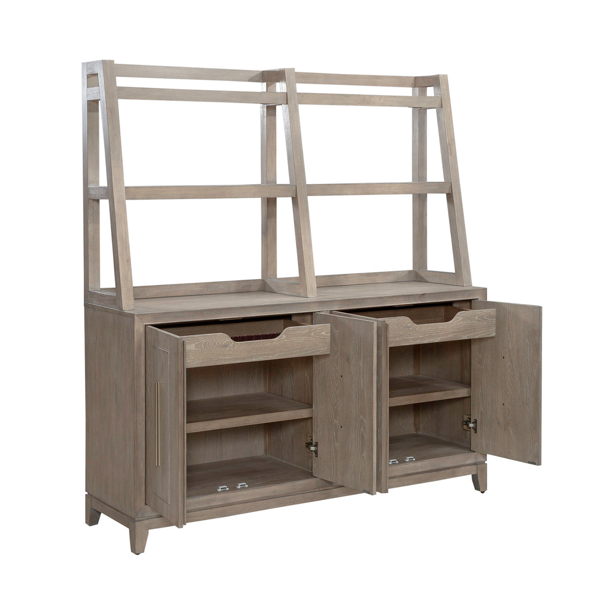 Light wood Brentwood Sideboard 789-SB6836-SH6838 with an open hutch top, featuring two cabinet doors and two drawers that are partially open.