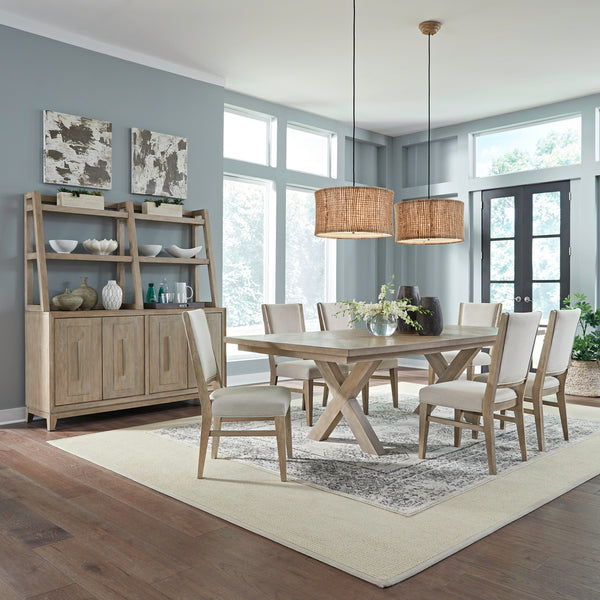 Liberty Furniture Brentwood Table and 6 Chairs 789-C6501S-P4402-T4402, featuring a double pedestal dining table with a trestle base and six upholstered chairs in a dining room with a matching wooden hutch.