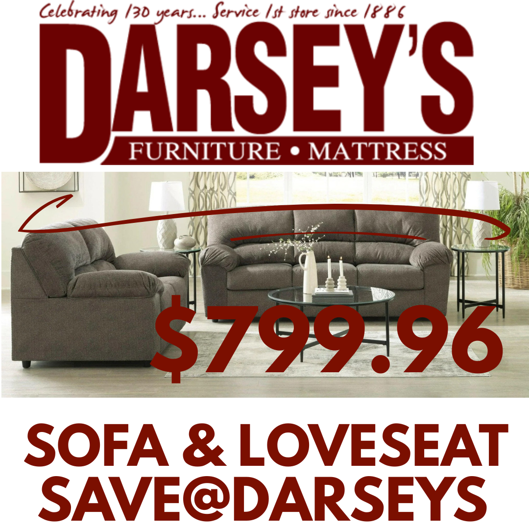 Advertisement for Darsey's Furniture and Mattress with a sofa and loveseat set for $799.96.