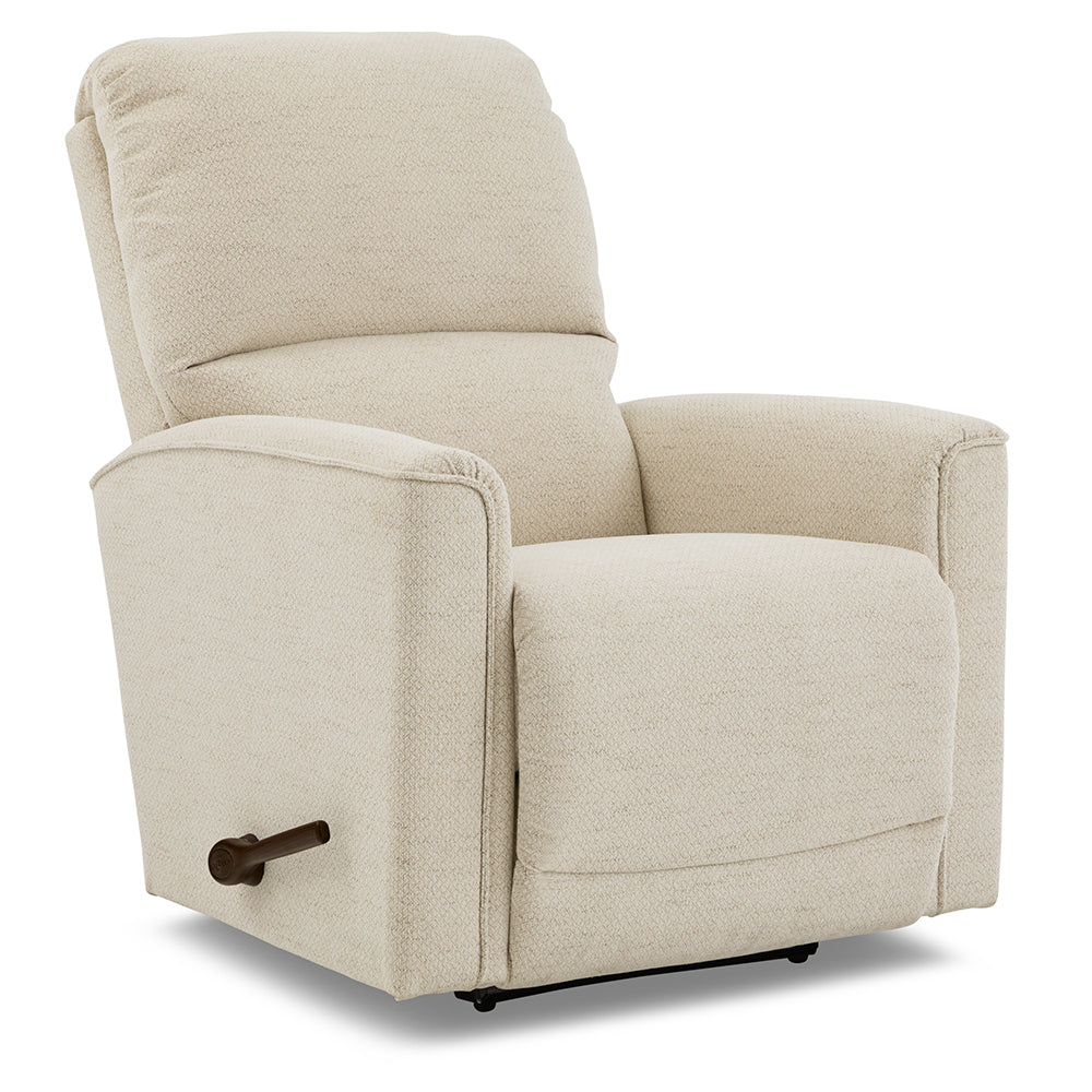 Off-white La-Z-Boy Cade Recliner 803-10-D2068-60 rocking recliner with a waterfall chaise seat and a dark brown handle on the side.