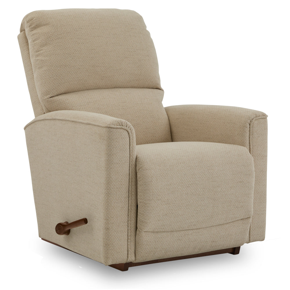 Beige upholstered Cade Recliner 803-10-D2068-71 rocking recliner with a wooden handle on the side and a waterfall chaise seat.