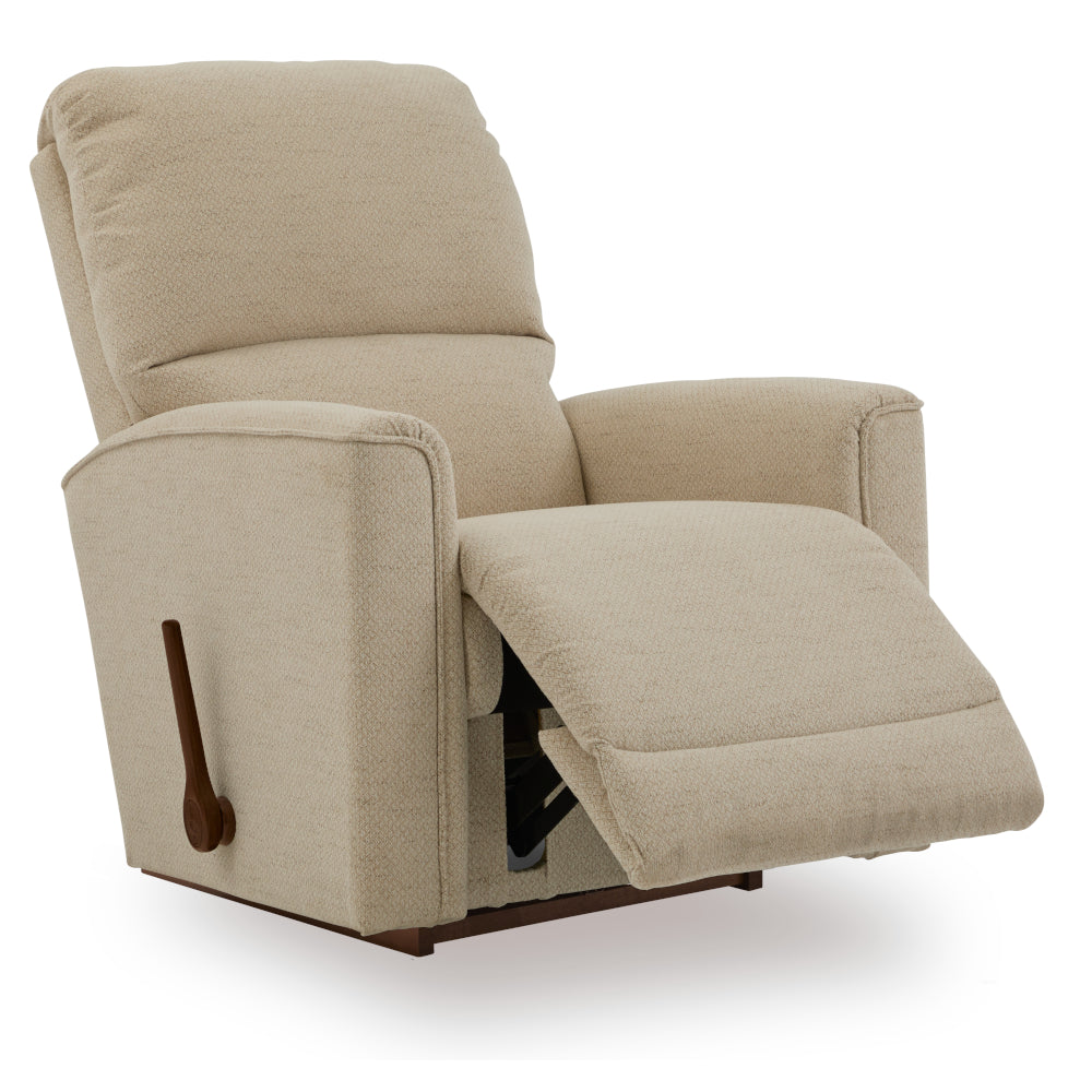 Beige La-Z-Boy Cade Recliner 803-10-D2068-71 rocking recliner with a manual lever on the side and the footrest extended in a waterfall chaise seat design.