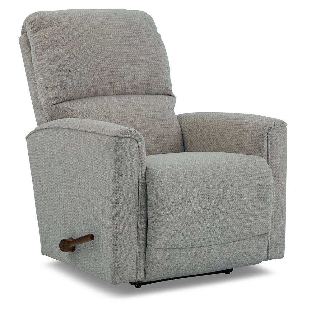 Light gray La-Z-Boy Cade Recliner 803-10-D2068-93 rocking recliner with a waterfall chaise seat and a wooden handle on the side.