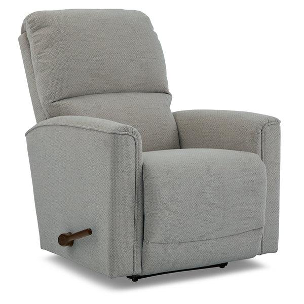 Light gray La-Z-Boy Cade Recliner 803-10-D2068-93 rocking recliner with a waterfall chaise seat and a wooden handle on the side.