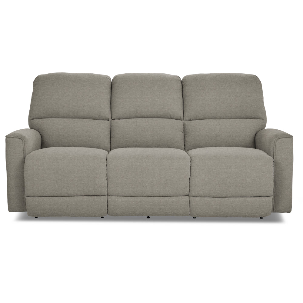 The La-Z-Boy Cade Reclining Sofa 803-444-D2068-71 is a gray upholstered three-seat reclining sofa with plush seating and wide armrests, shown from the front against a white background. Its compact frame delivers comfort without sacrificing space, making it perfect for any modern living room.