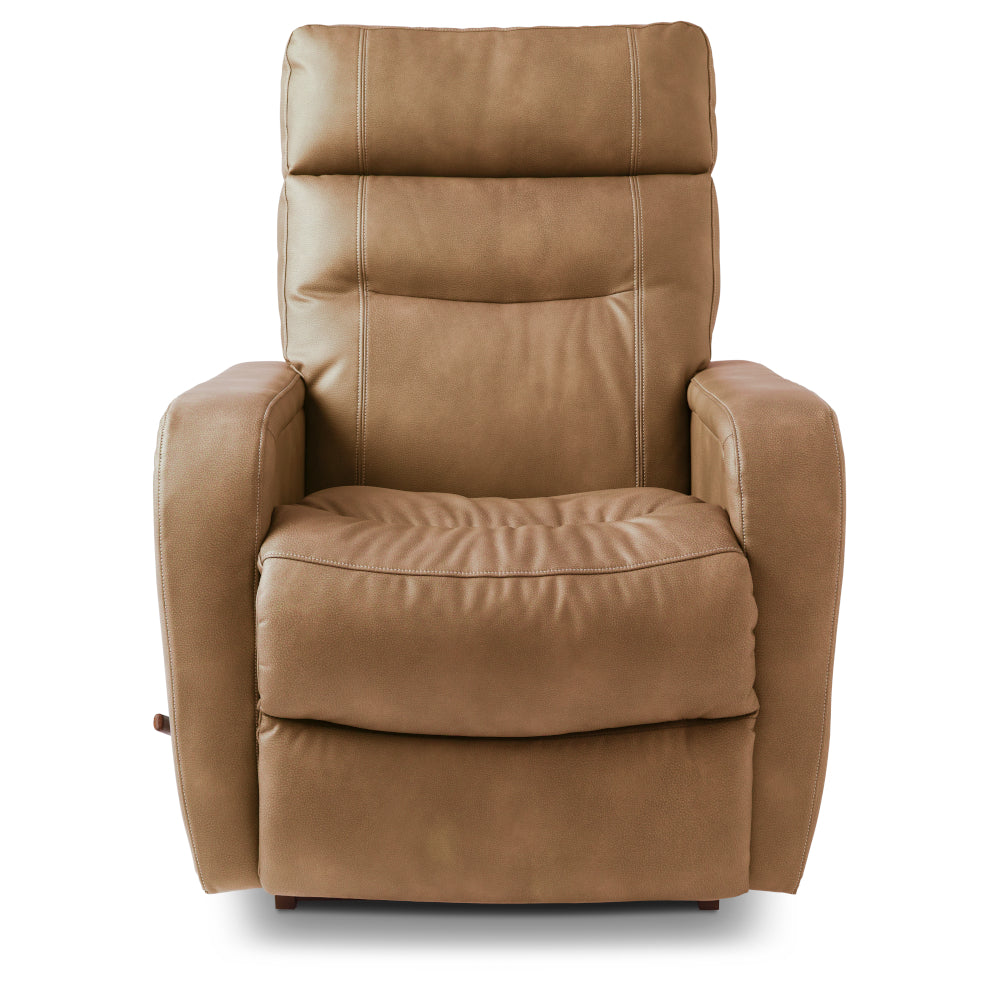 La-Z-Boy Baron Recliner 807-10-E2036-75 in tan leather with white contrast stitching and a bucket chaise seat.