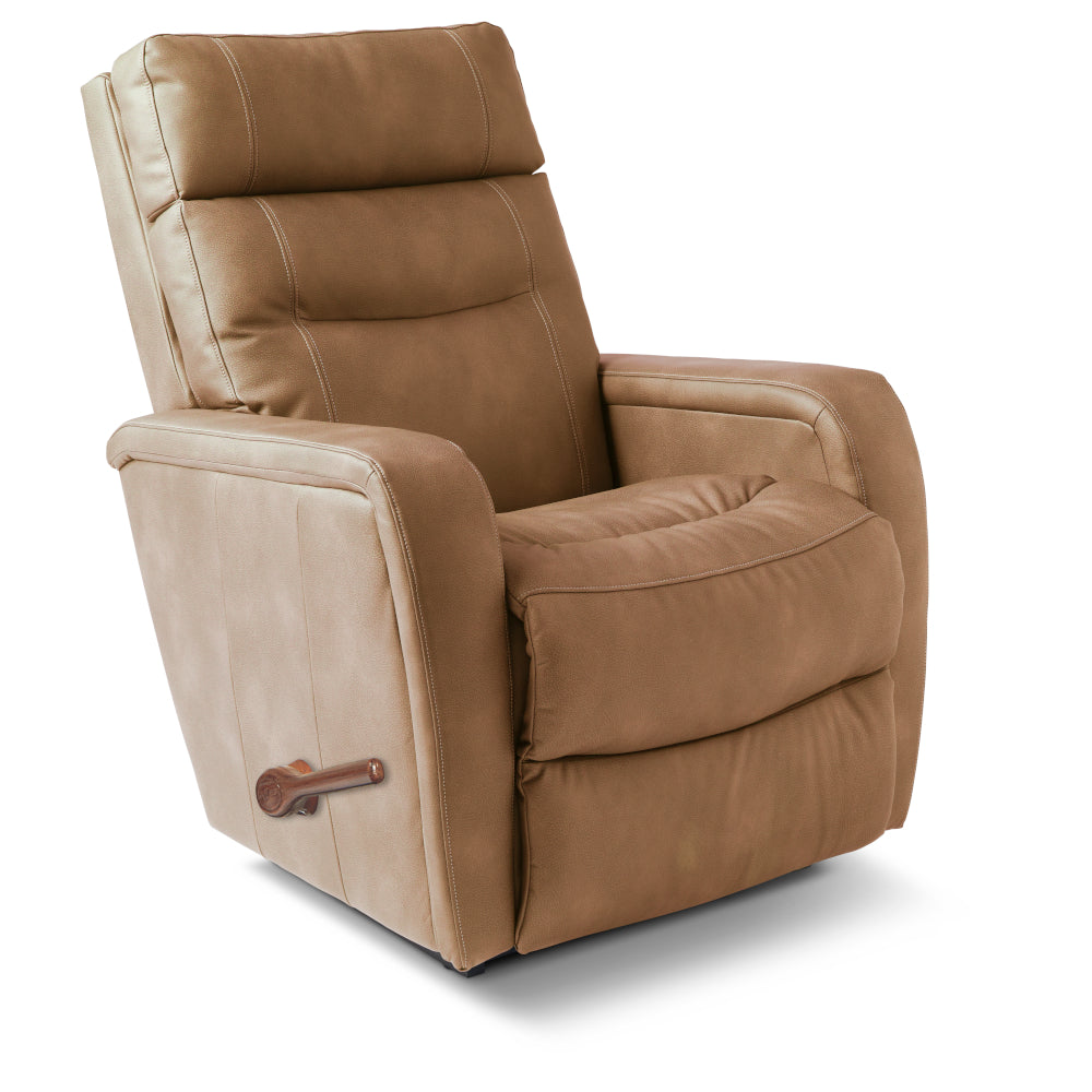 Tan leather La-Z-Boy Baron Recliner 807-10-E2036-75 with a bucket chaise seat and a wooden handle on the side.