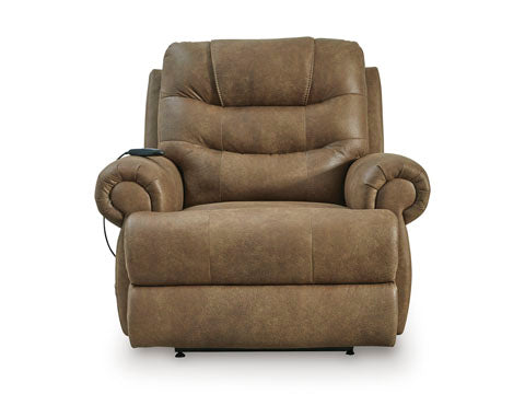 Brown faux leather Ashley Revived and Restored Earth Lift Chair 8240712 power lift recliner with rolled arms and a handheld remote control.
