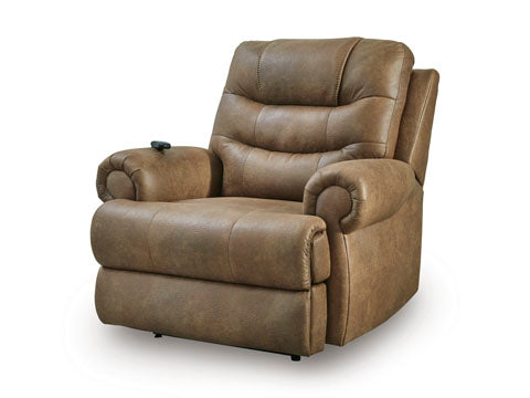 Brown Revived and Restored Earth Lift Chair 8240712 power lift recliner with rolled arms and a handheld remote control resting on the right armrest.