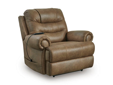 Tan faux leather Ashley Revived and Restored Earth Lift Chair 8240712 power lift recliner with a handheld remote control.