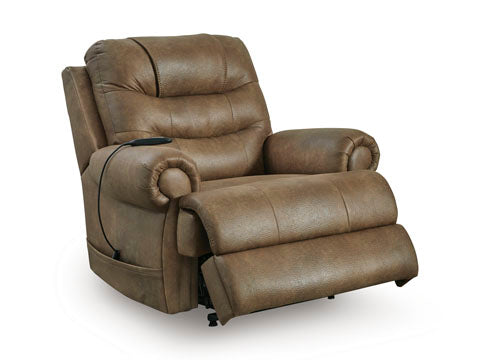 Brown Revived and Restored Earth Lift Chair 8240712 power lift recliner with a handheld remote control.