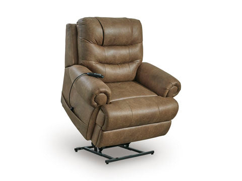 Brown faux leather Ashley Revived and Restored Earth Lift Chair 8240712 power lift recliner with a wired remote control. Main image