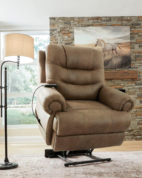 A tan upholstered Revived and Restored Earth Lift Chair 8240712 power lift recliner with a handheld remote control.