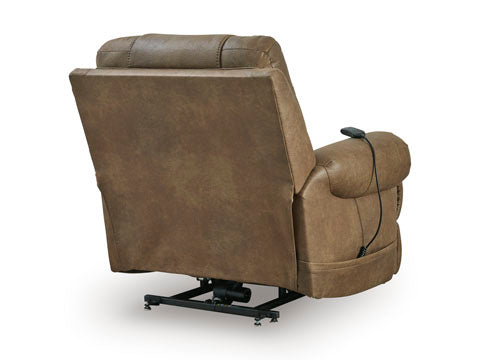 Back view of a brown Ashley Revived and Restored Earth Lift Chair 8240712 power lift recliner with an attached wired remote control.