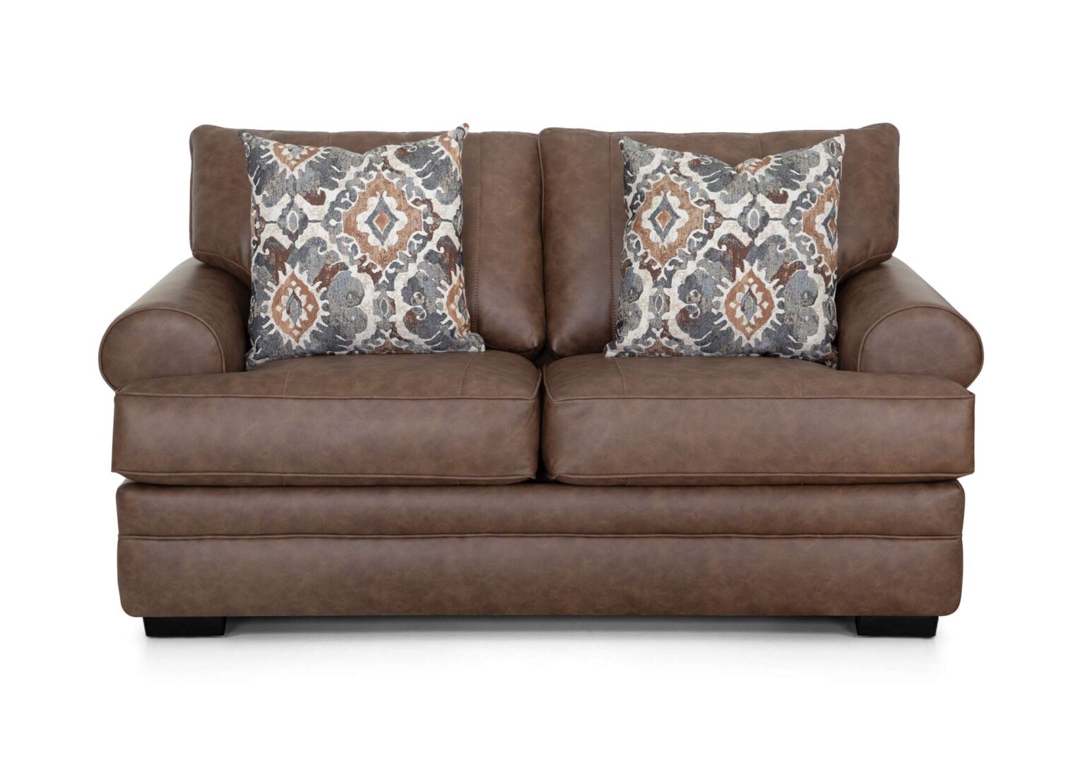 The Langston Duvall Vintage Brown Loveseat 83220-3429-16 by Franklin Furniture Corp. features wide padded arms, two seat cushions, and two patterned throw pillows in shades of gray, brown, and orange. Set against a white background, this inviting loveseat from the Langston Collection is designed with the WOW Seating System for superior comfort.