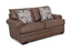 The Langston Duvall Vintage Brown Loveseat (83220-3429-16) by Franklin Furniture Corp. features rich brown leather upholstery from the Langston Collection, rolled arms, and includes two patterned throw pillows. Set against a white background, this loveseat combines modern and classic design elements with cushioned seats and backrest, all enhanced by the comfort of the WOW Seating System.