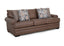 The Langston Duvall Vintage Brown Sofa (83240-3429-16) by Franklin Furniture Corp. features three seat cushions, rounded armrests, and comes with four decorative pillows in a mix of patterned and textured fabrics. Set against a white background, this vintage brown sofa showcases classic design elements and includes the signature WOW Seating System for enhanced comfort.