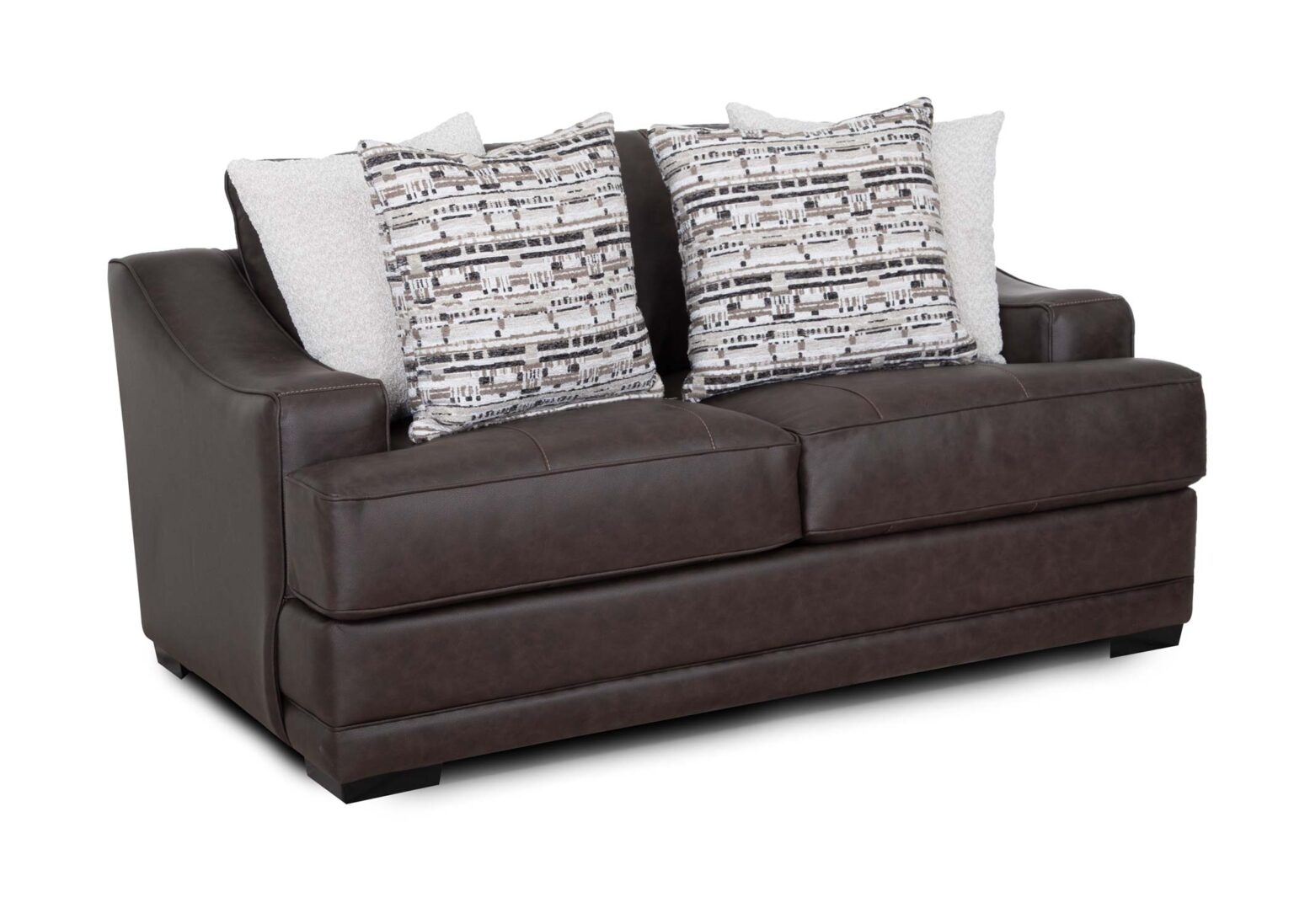 The Franklin Furniture Corp. Prescott Duvall Coffee Loveseat 89340-3429-10 is a dark brown loveseat featuring two seat cushions and four generously sized throw pillows—two with a geometric pattern and two in solid light tones—displayed on a white background. Enjoy enhanced comfort with the WOW Seating System in this premium chocolate fabric loveseat.