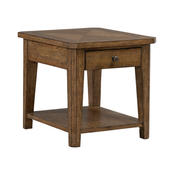 The Liberty Furniture Carolina Park End Table 930-OT1020 features a medium brown finish with visible wood grain, a single storage drawer with a small round handle, straight legs, and a lower shelf for added functionality—blending classic style with practical design.