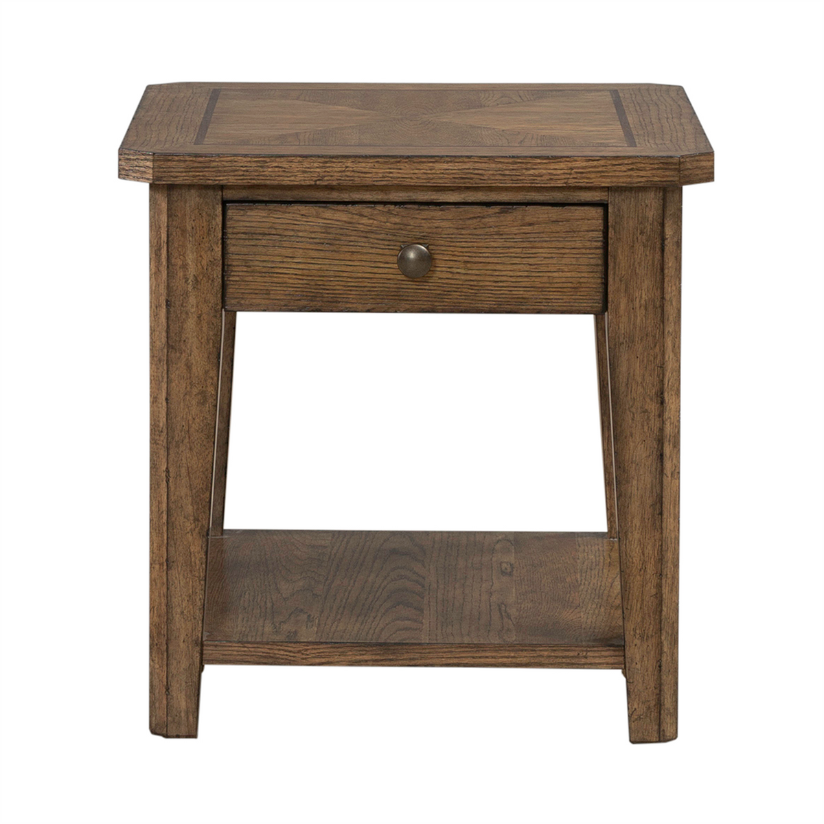 The Liberty Furniture Carolina Park End Table 930-OT1020 features a single storage drawer with a round metal knob, a lower shelf, and is crafted in a medium brown finish.