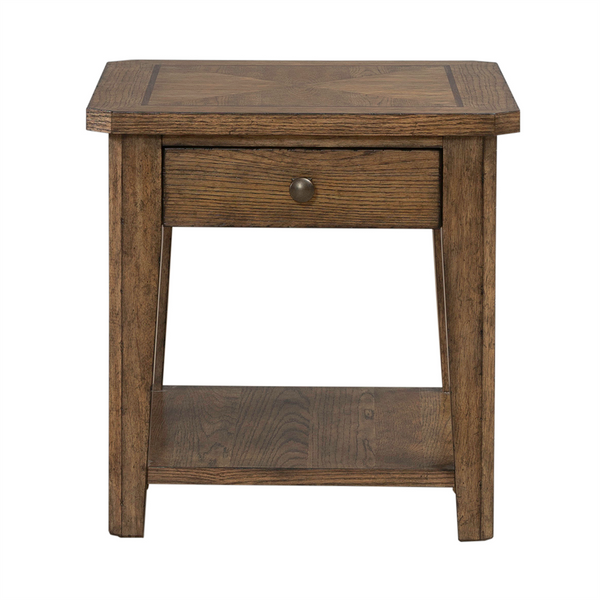 The Liberty Furniture Carolina Park End Table 930-OT1020 features a single storage drawer with a round metal knob, a lower shelf, and is crafted in a medium brown finish.