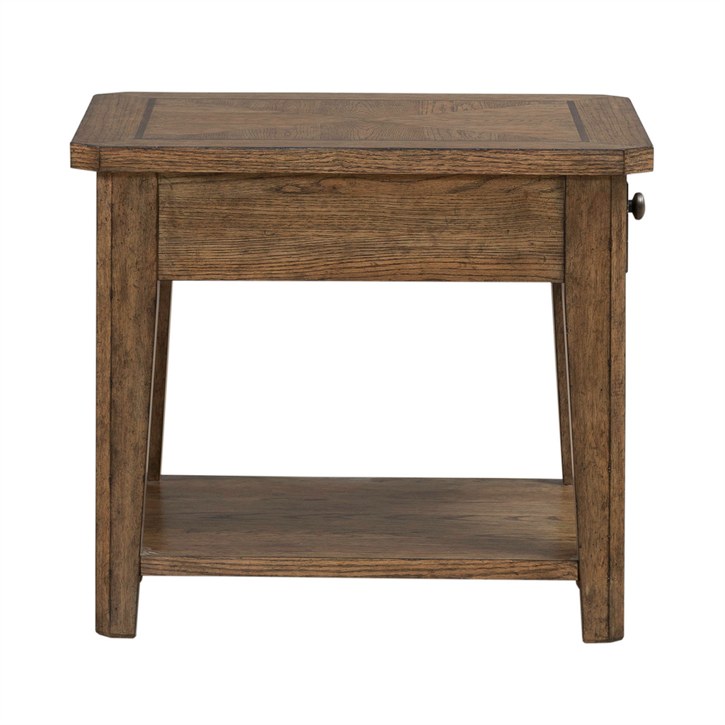 The Liberty Furniture Carolina Park End Table 930-OT1020 features a natural brown-finished white oak construction with a rectangular top, one storage drawer accented by a small round knob, and an open lower shelf.
