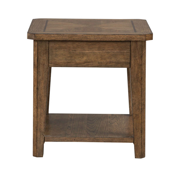 Square wooden side table with a drawer and lower shelf, shown from the front against a white background. The Liberty Furniture Carolina Park End Table 930-OT1020 features simple, straight lines and a medium brown finish, offering both style and functionality with its convenient storage drawer.