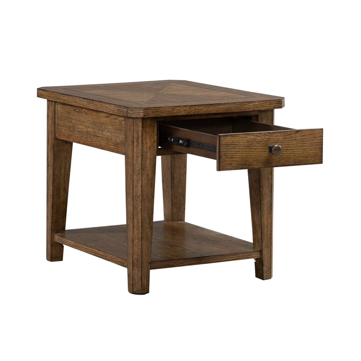 The Liberty Furniture Carolina Park End Table 930-OT1020 features a brown wooden finish, square top, lower shelf for additional storage, and one open drawer with a round metal knob. Supported by four legs, this end table has a simple rustic design that complements any space.