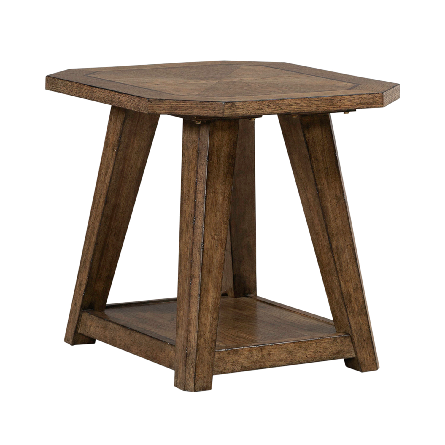 The Carolina Park End Table 930-OT1021 by Liberty Furniture features a hexagonal top, angled legs, and a lower shelf. Crafted with white oak veneers in a medium brown finish that highlights the natural wood grain for a rustic look, this table is displayed against a plain white background.