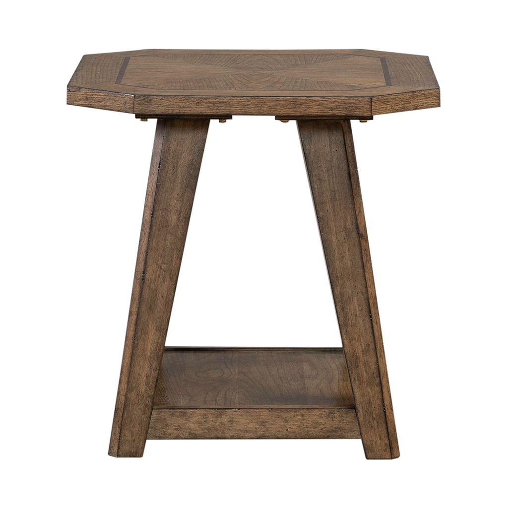 The Carolina Park End Table 930-OT1021 by Liberty Furniture is a wooden octagonal side table crafted with white oak veneers, featuring angled legs and a lower shelf, shown against a white background.