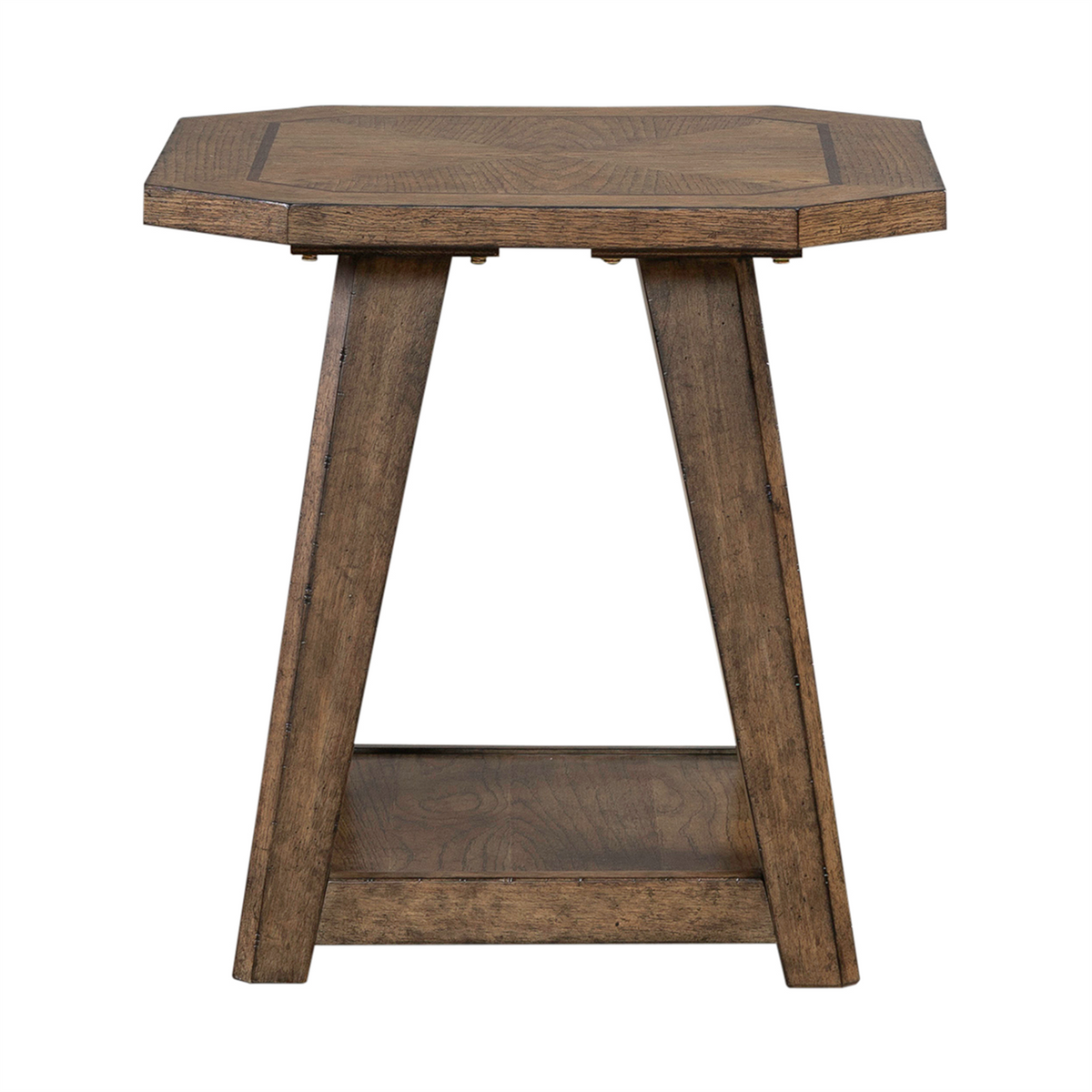 The Carolina Park End Table 930-OT1021 by Liberty Furniture is a wooden octagonal side table crafted with white oak veneers, featuring angled legs and a lower shelf, shown against a white background.
