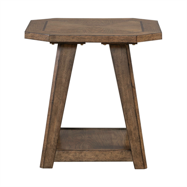 The Carolina Park End Table 930-OT1021 by Liberty Furniture is a wooden octagonal side table crafted with white oak veneers, featuring angled legs and a lower shelf, shown against a white background.