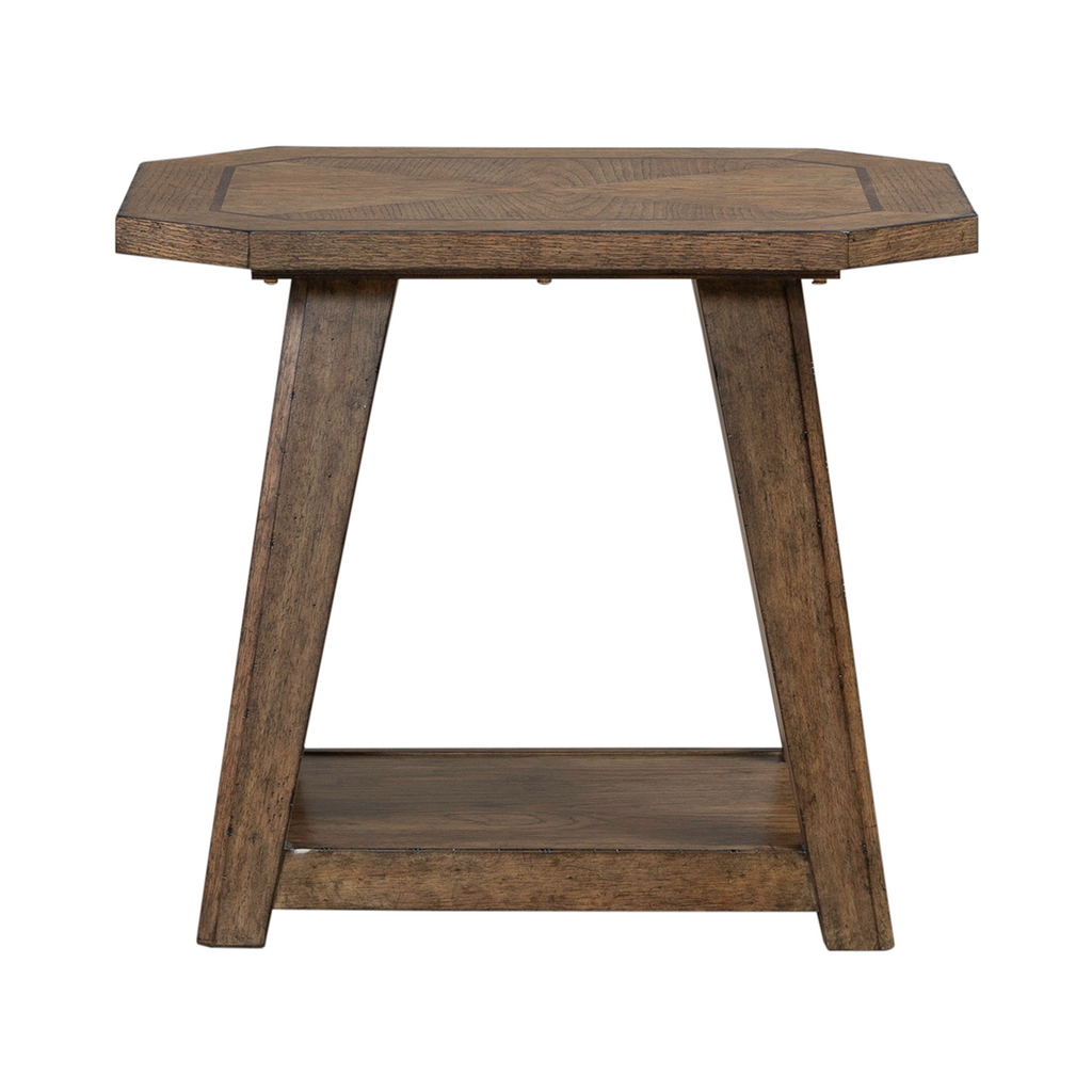 The Carolina Park End Table 930-OT1021 by Liberty Furniture features a geometric octagonal top, angled legs, and a convenient lower shelf for storage. Crafted with white oak veneers in a medium brown finish, this stylish end table showcases the natural wood grain to add warmth and character to any space.