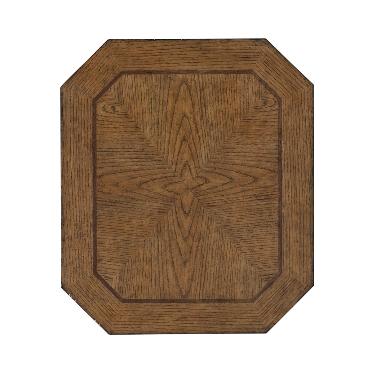 The Liberty Furniture Carolina Park End Table (930-OT1021) features a rectangular wooden tabletop with beveled corners, showcasing a symmetrical white oak veneer grain pattern accented by a darker border around the edge, all set against a white background.
