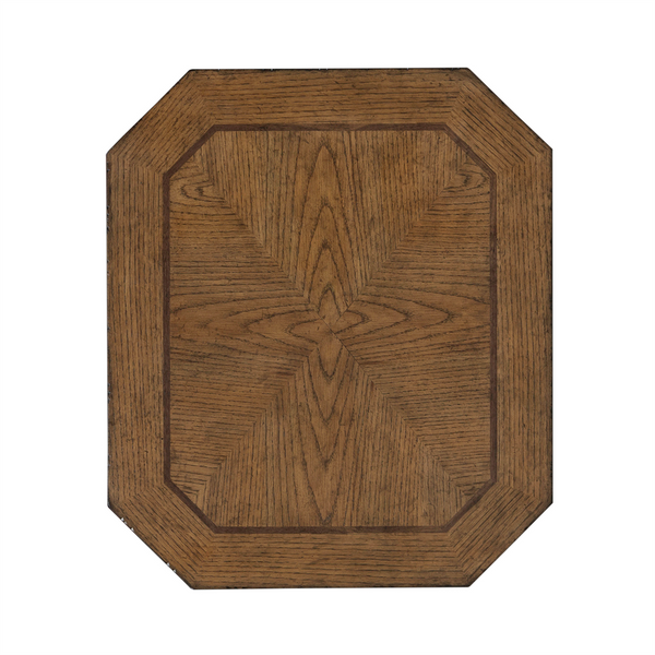The Liberty Furniture Carolina Park End Table (930-OT1021) features a rectangular wooden tabletop with beveled corners, showcasing a symmetrical white oak veneer grain pattern accented by a darker border around the edge, all set against a white background.