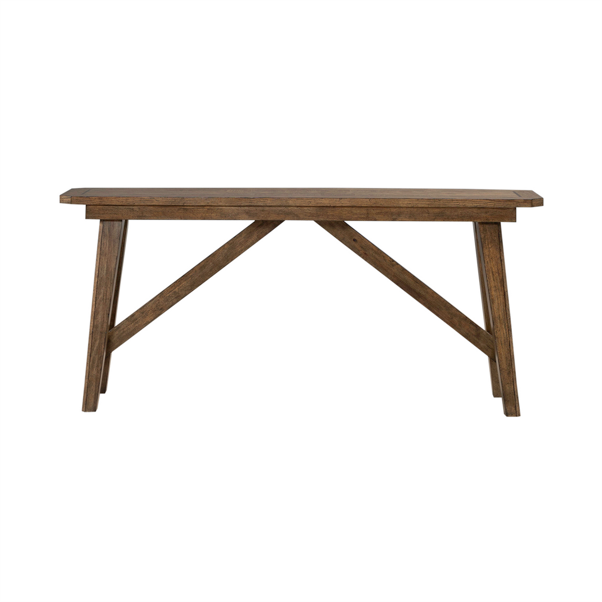 The Liberty Furniture Carolina Park Sofa Table 930-OT1030 features a rectangular wooden top and angled legs, showcasing a simple, rustic design in an Amber Brown finish on white oak veneers, reminiscent of timeless style and set against a white background.