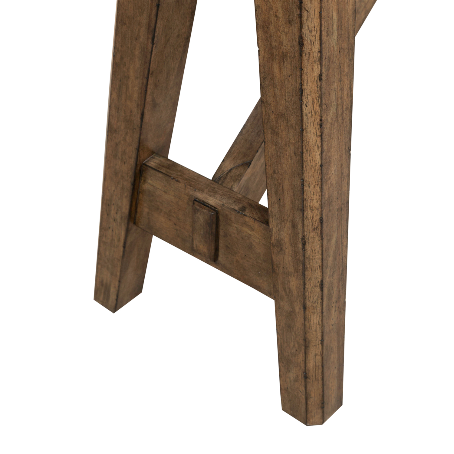 Close-up of the lower legs and footrest of a wooden stool or chair, highlighting the natural wood grain and rectangular support bar between the legs, beautifully finished in the Amber Brown tone inspired by Liberty Furniture’s Carolina Park Sofa Table 930-OT1030.