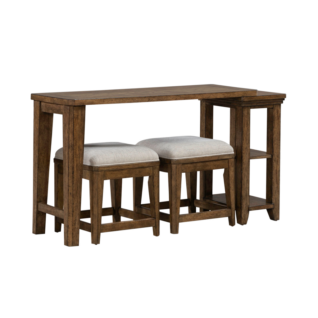 The Liberty Furniture Carolina Park Console Table and 2 Stools (930-OT5630-OT9001) features a wooden counter-height design in a matching brown finish, two upholstered stools that tuck neatly underneath, and shelves on each end ideal for bookshelf storage.