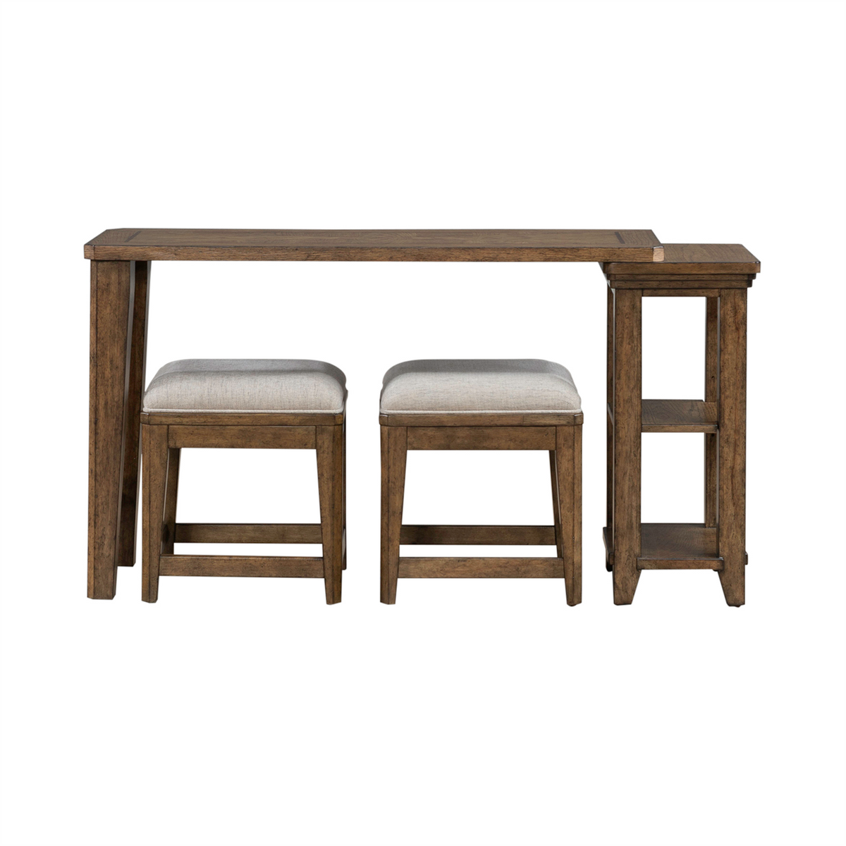 The Liberty Furniture Carolina Park Console Table and 2 Stools (930-OT5630-OT9001) is a rustic brown wooden console table set featuring bookshelf storage, two upholstered stools, and a matching narrow side table with two shelves.