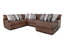 The Asheville Duvall Vintage Brown Sectional 934-04-59-69-86-3429-16 by Franklin Furniture Corp. features a chaise lounge and the WOW Seating System for enhanced comfort, adorned with a mix of patterned gray and solid light gray throw pillows, shown against a white background.