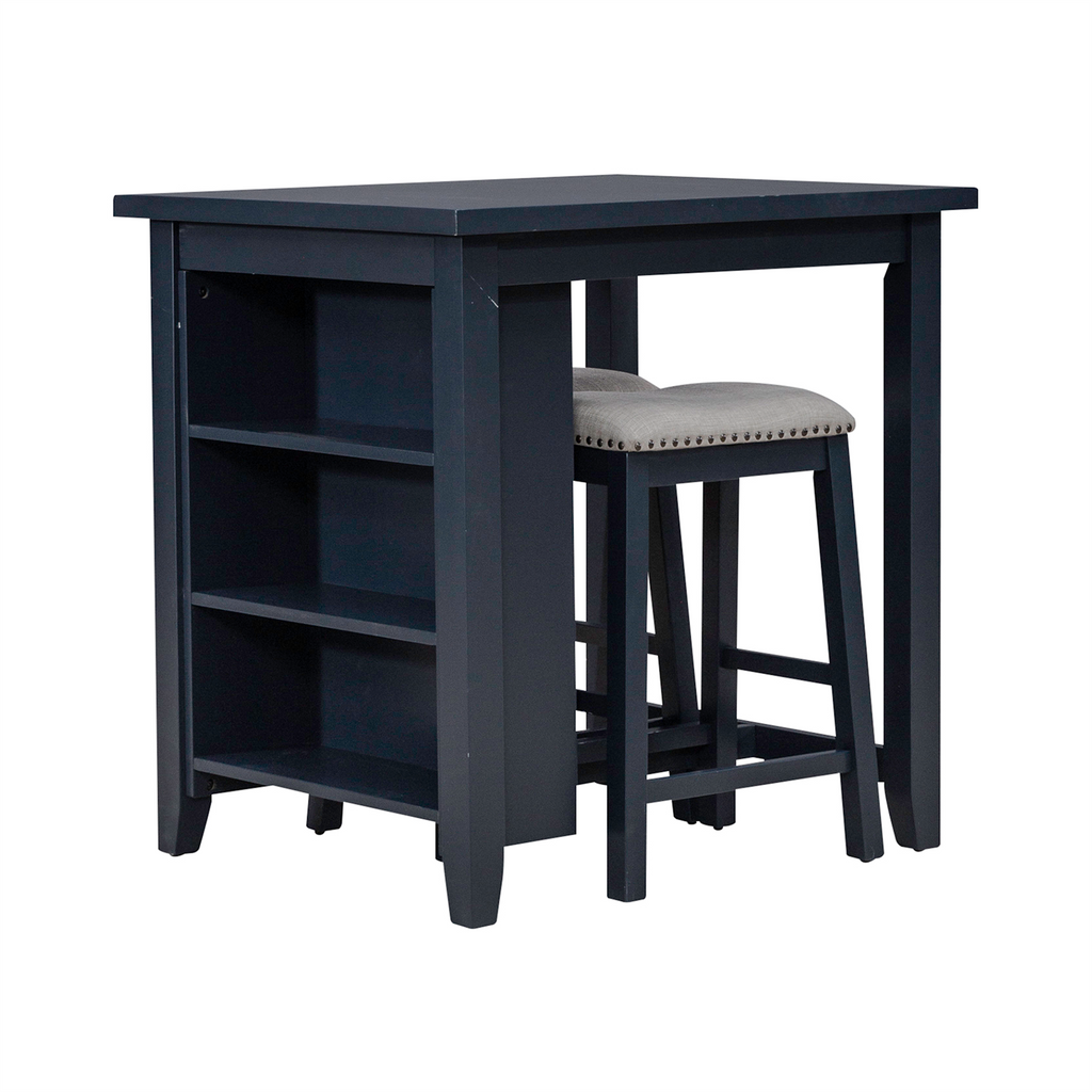 The Liberty Furniture Brook Creek Table and 2 Chairs 942NY-CD-3CTS features a sleek black wooden design with built-in side shelves and two matching upholstered stools that tuck neatly underneath—perfect for small-space dining.