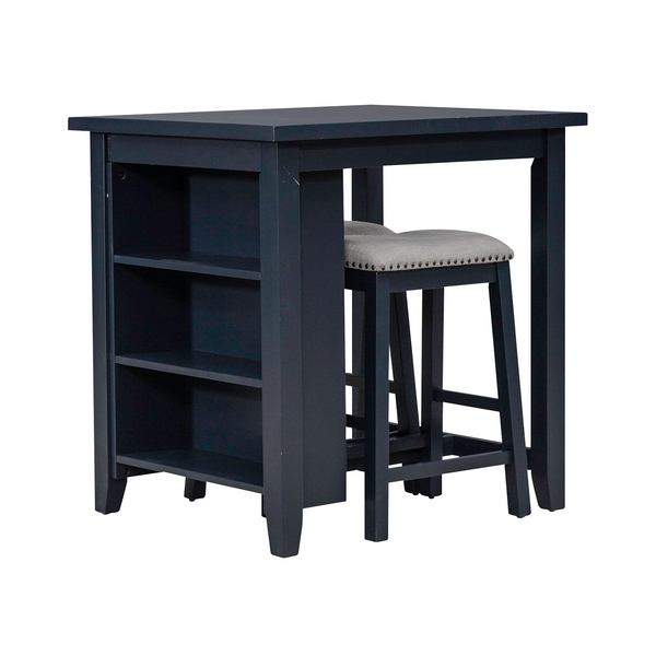 The Liberty Furniture Brook Creek Table and 2 Chairs 942NY-CD-3CTS features a sleek black wooden design with built-in side shelves and two matching upholstered stools that tuck neatly underneath—perfect for small-space dining.