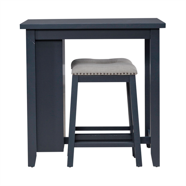 Introducing the Brook Creek Table and 2 Chairs set (model 942NY-CD-3CTS) by Liberty Furniture—a compact navy blue ensemble featuring a petite table and two matching chairs with light gray cushioned seats adorned in nailhead trim. Both the table and chairs boast an eye-catching navy blue finish, making this set ideal for small space dining or creating a stylish, efficient workspace.