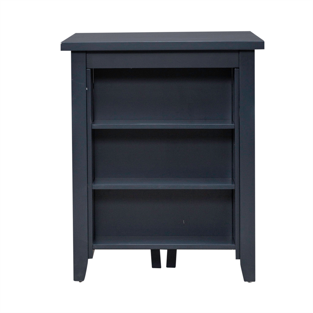 A compact black wooden bookshelf with two shelves and a flat top, shown from the front against a white background—a versatile addition that complements small dining spaces or coordinates effortlessly with your Liberty Furniture Brook Creek Table and 2 Chairs 942NY-CD-3CTS.