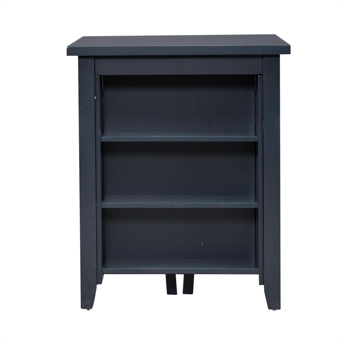 A compact black wooden bookshelf with two shelves and a flat top, shown from the front against a white background—a versatile addition that complements small dining spaces or coordinates effortlessly with your Liberty Furniture Brook Creek Table and 2 Chairs 942NY-CD-3CTS.