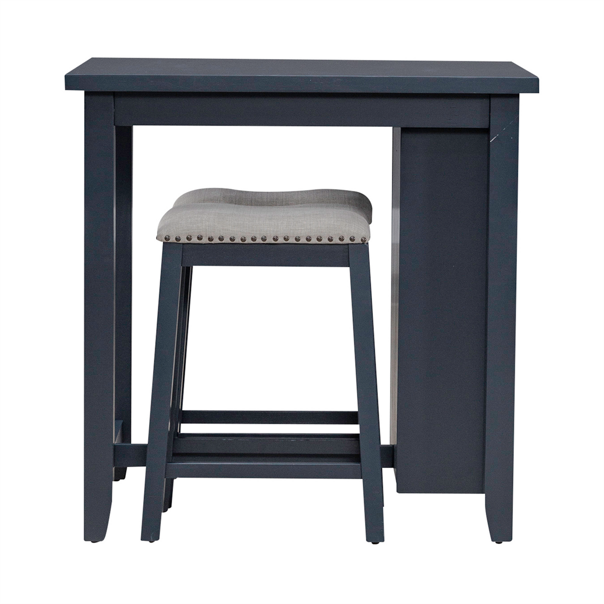 A compact, dark gray wooden desk and coordinating stool with a light gray upholstered seat accented by decorative nailhead trim—an ideal solution for small spaces or a chic alternative to the classic Brook Creek Table and 2 Chairs 942NY-CD-3CTS from Liberty Furniture.